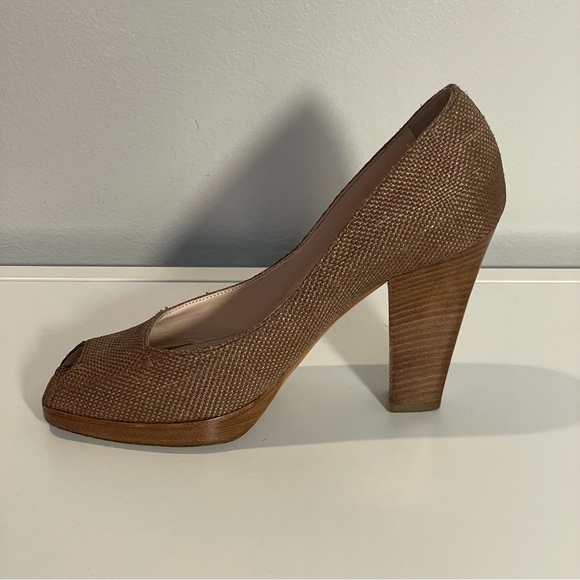 Sergio Rossi Brown Pearlized Linen Fabric Open Toe Heel Slip On Pump  Shoe Sz 36 - Picture 5 of 10